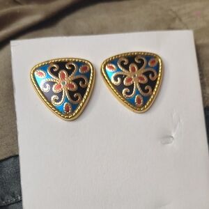 Gold-Tone Blue and Black Floral Enamel Triangle Stud Earrings